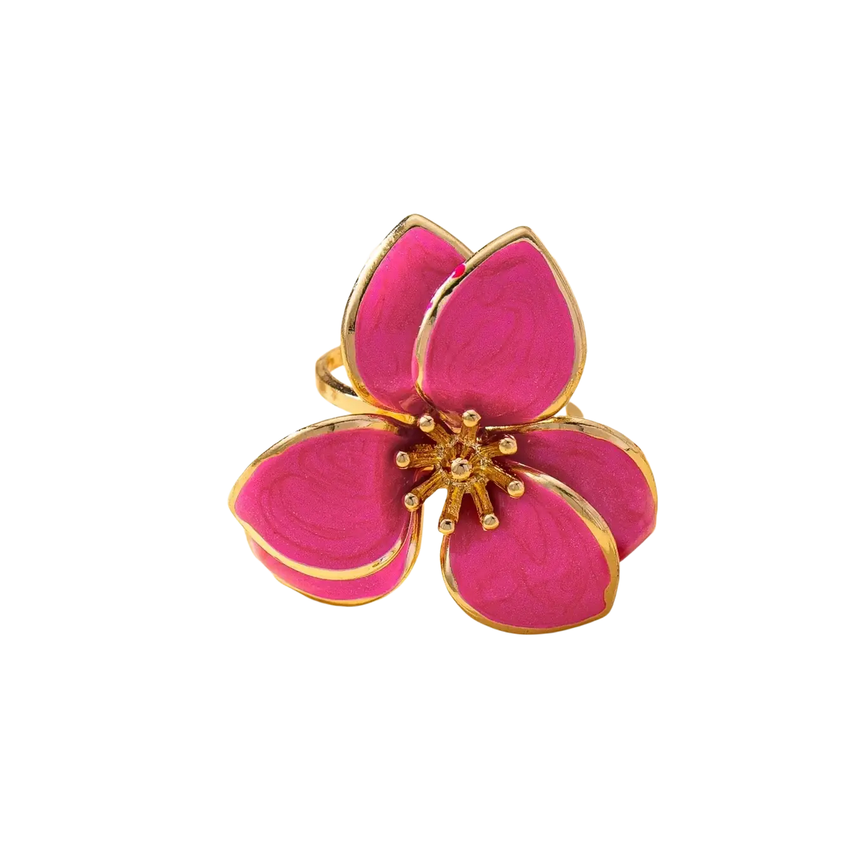 A colorful floral open ring for women featuring a vibrant pink enamel flower with gold-toned metal edges