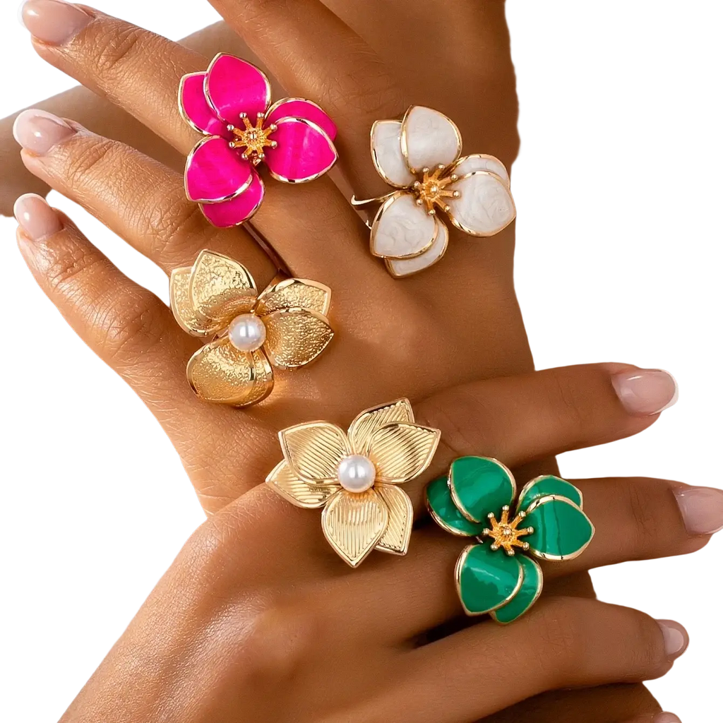 Colorful floral open ring for women with vibrant pink white gold and green enamel and pearl centers