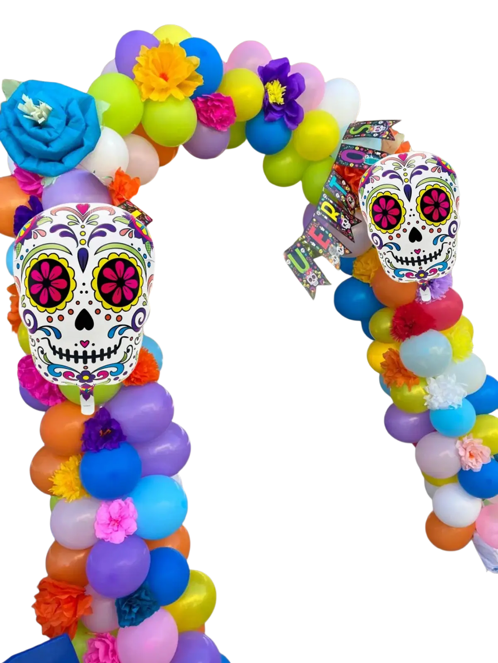 Colorful flower skull foil balloons 3 pack with vibrant hand-painted sugar skulls and floral accents in a balloon arch