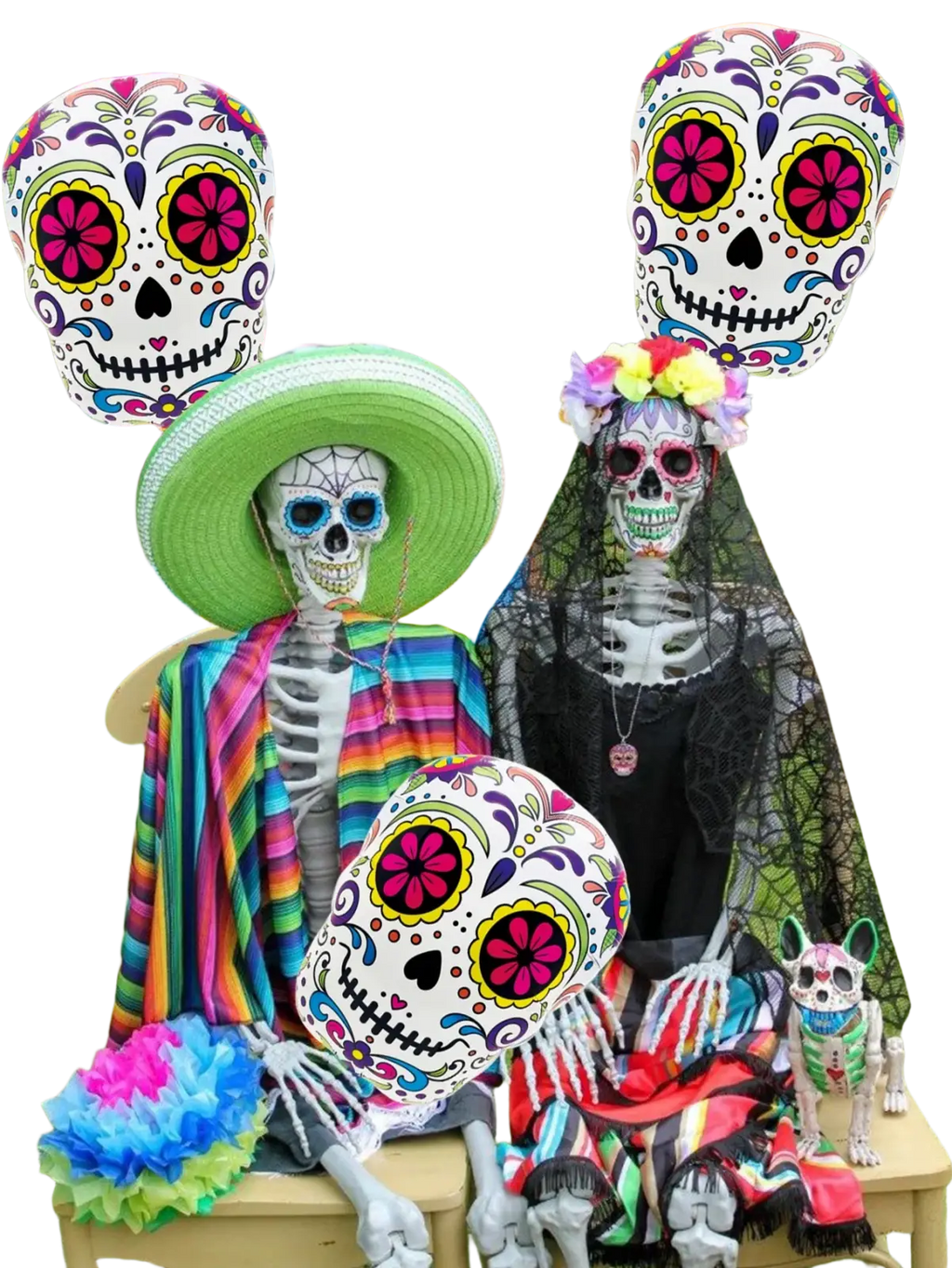 Colorful flower skull themed foil balloons featuring vibrant sugar skull skeleton figures in festive clothing and accessories