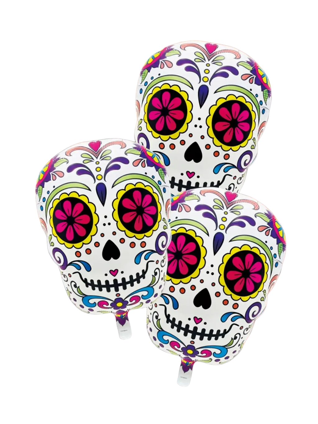 Three colorful flower skull foil balloons with vibrant floral patterns in pink yellow purple and blue on white background