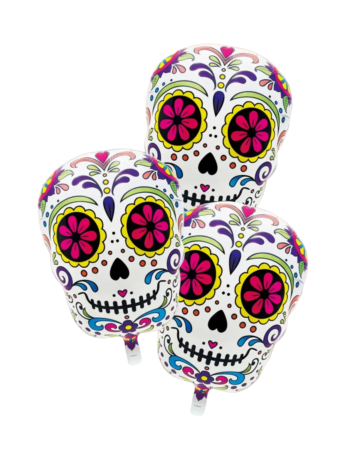 Three colorful flower skull foil balloons with vibrant floral patterns in pink yellow purple and blue on white background