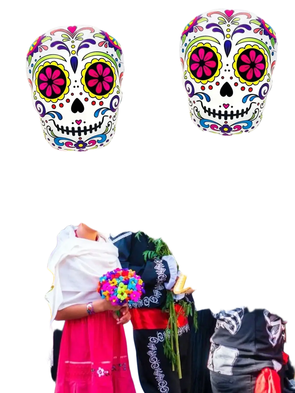 Two large colorful flower skull foil balloons with intricate floral patterns in pink yellow and blue at day of the dead event