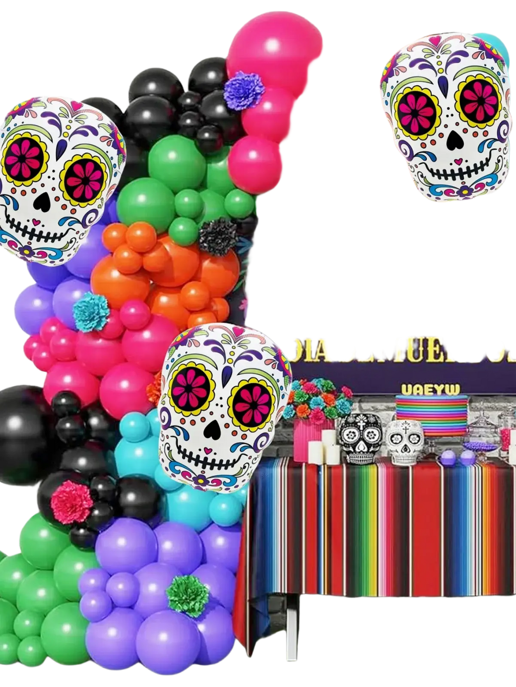 Colorful flower skull foil balloons 3 pack with vibrant multicolored arch and white sugar skulls with pink purple flowers