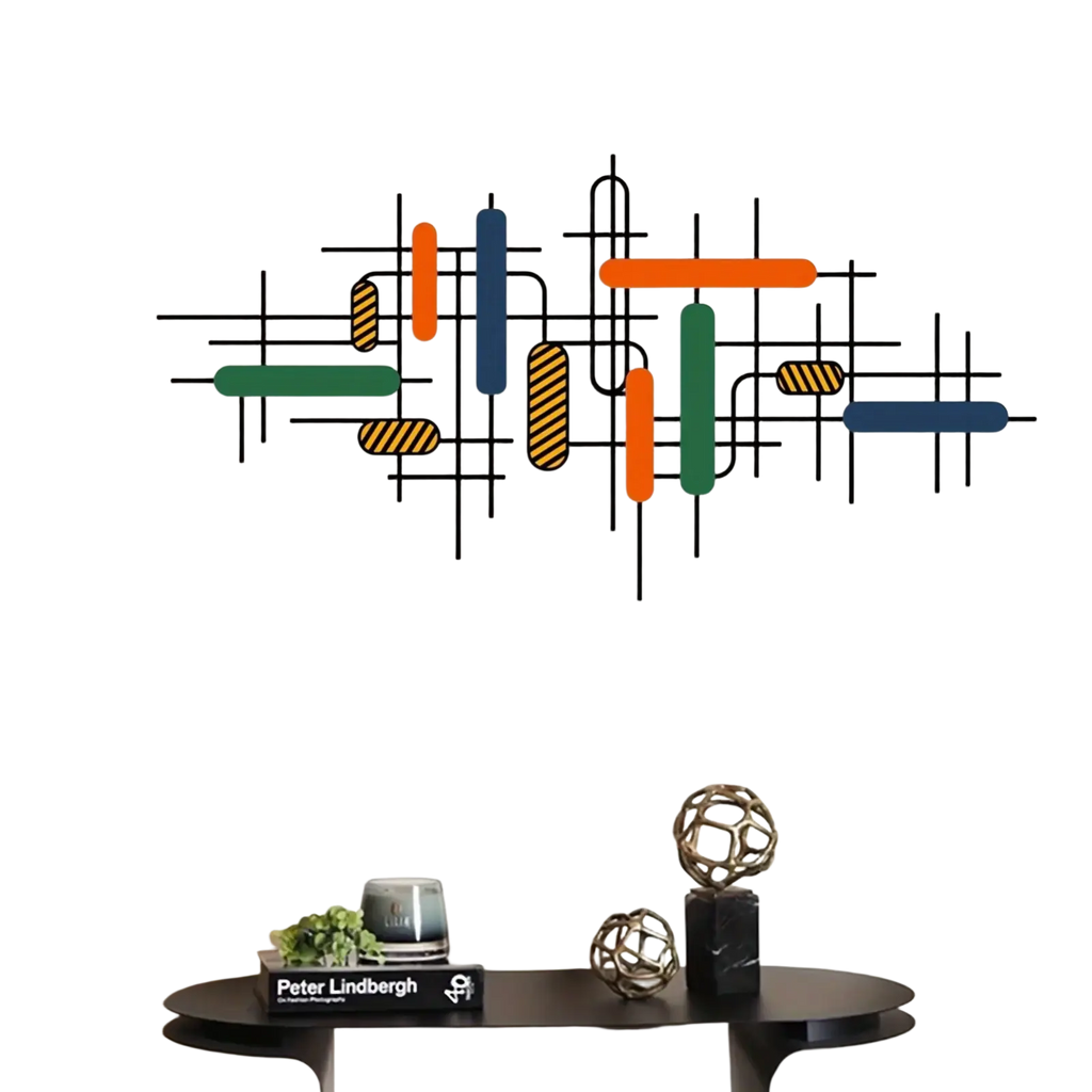 Colorful geometric metal wall art with black metal lines and colorful rectangular bars for modern wall decor