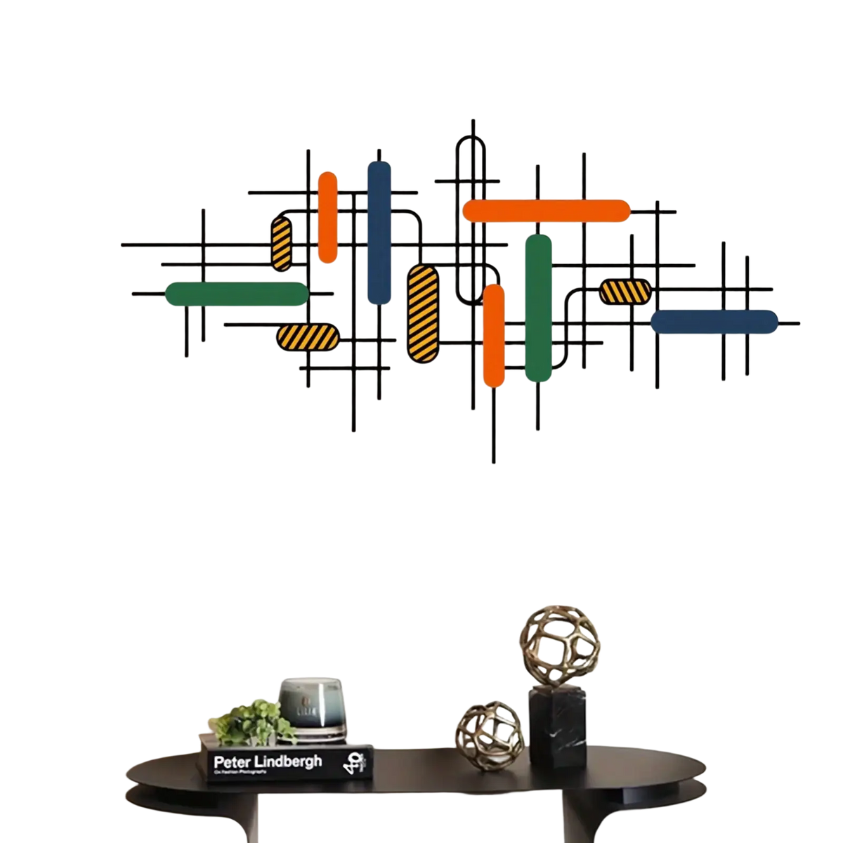 Colorful geometric metal wall art with black metal lines and colorful rectangular bars for modern wall decor