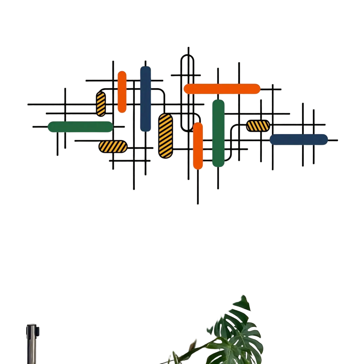Colorful geometric metal wall art featuring black metal bars with orange green blue and striped yellow orange panels for wall decor