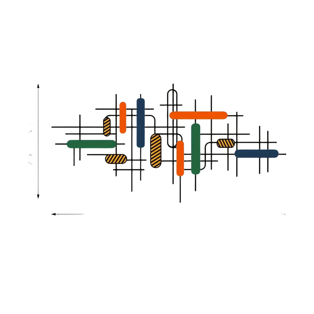 Modern abstract colorful geometric metal wall art with orange green and navy blue rectangular rods for wall decor