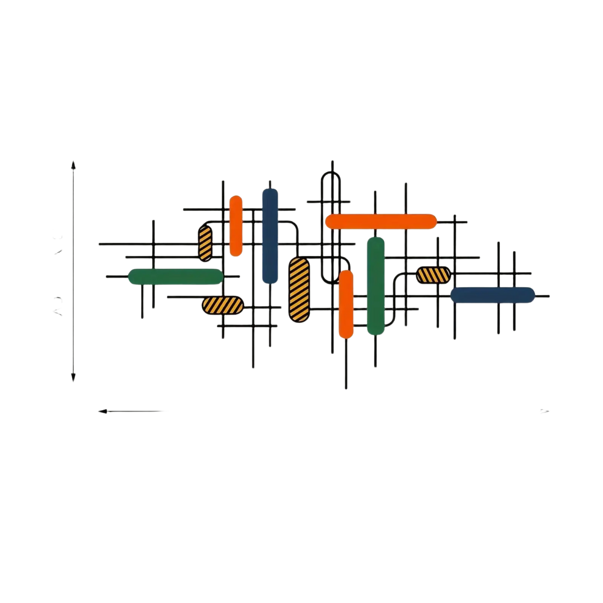 Modern abstract colorful geometric metal wall art with orange green and navy blue rectangular rods for wall decor