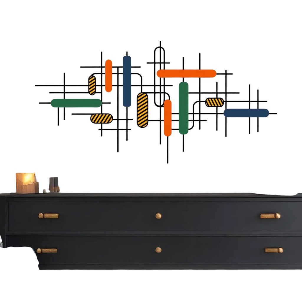 Colorful geometric metal wall art with vibrant orange green blue and striped yellow accents for modern wall decor