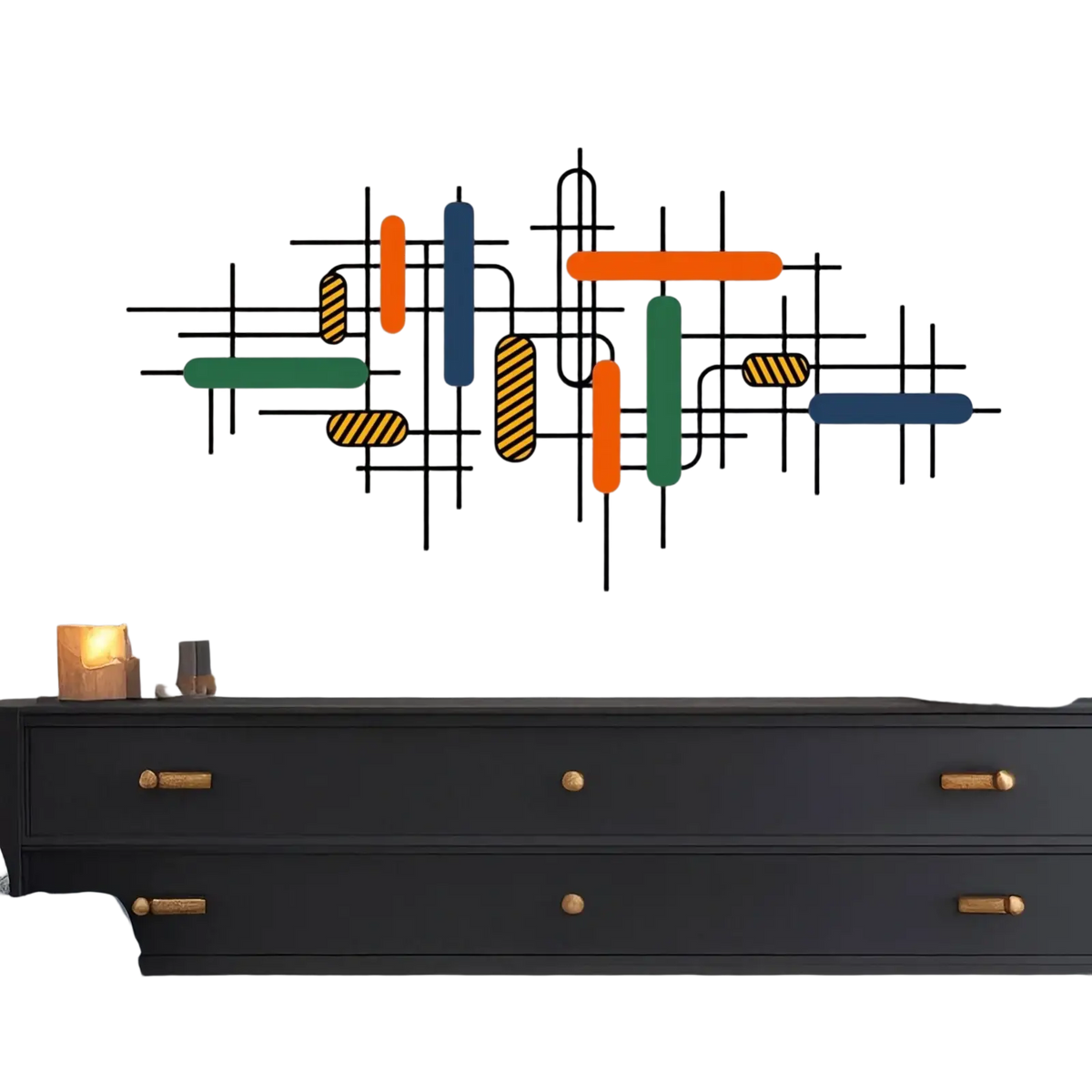 Colorful geometric metal wall art with vibrant orange green blue and striped yellow accents for modern wall decor