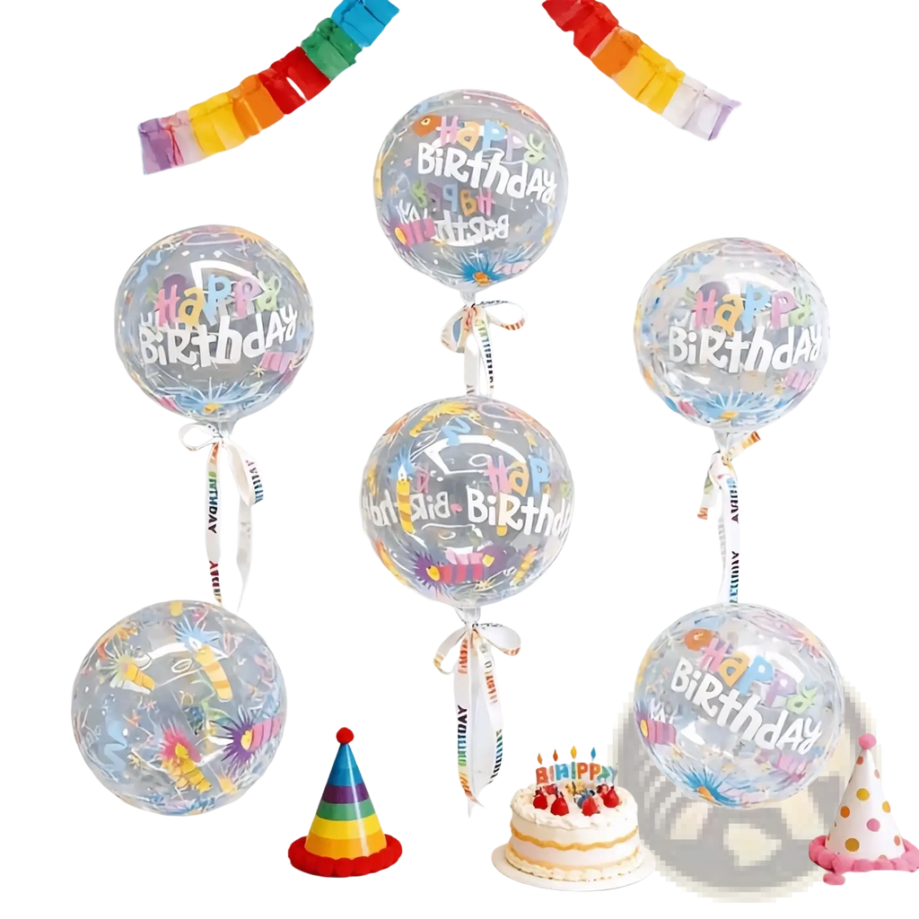 Colorful happy birthday bobo balloons clear birthday balloons with colorful happy birthday text and confetti designs tied with striped ribbons