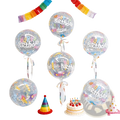 Colorful happy birthday bobo balloons clear birthday balloons with colorful happy birthday text and confetti designs tied with striped ribbons