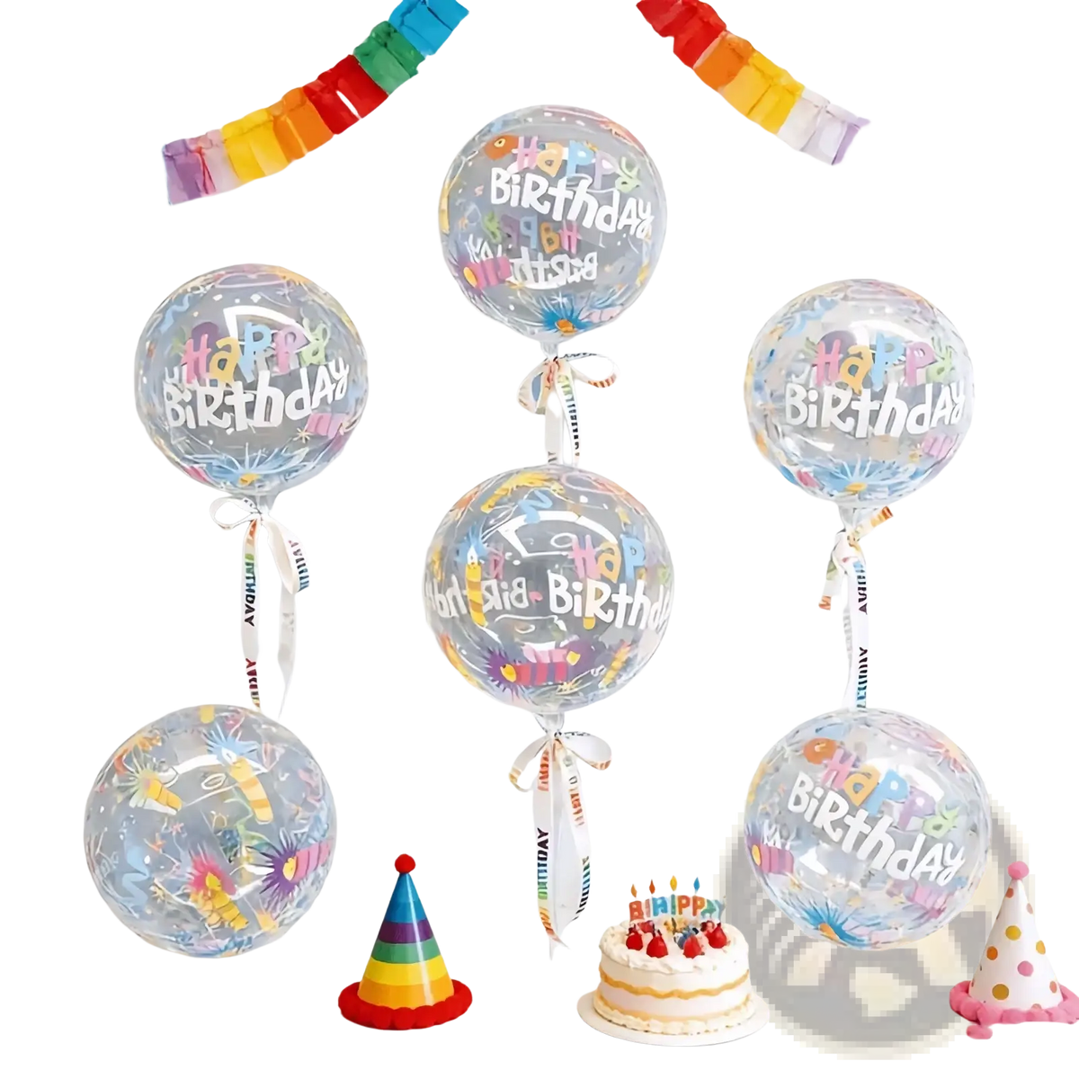 Colorful happy birthday bobo balloons clear birthday balloons with colorful happy birthday text and confetti designs tied with striped ribbons