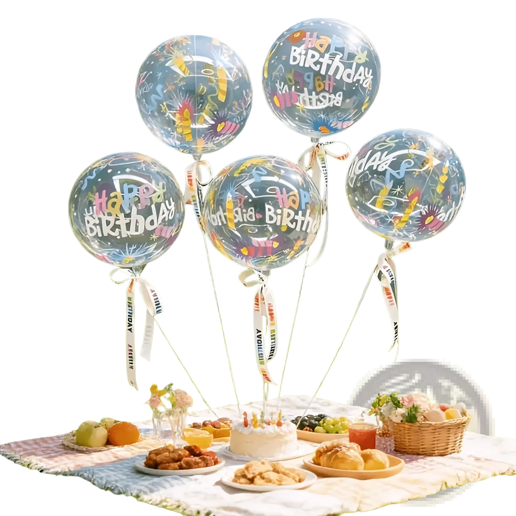 Clear colorful happy birthday bobo balloons with decorative ribbons and vibrant printed designs for birthday celebrations