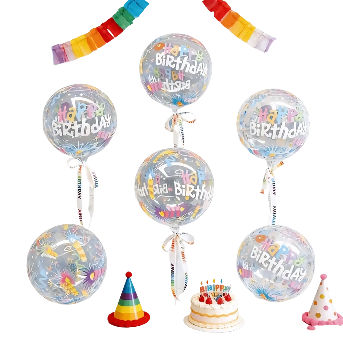 Colorful happy birthday bobo balloons clear birthday balloons with colorful happy birthday text and confetti designs tied with striped ribbons