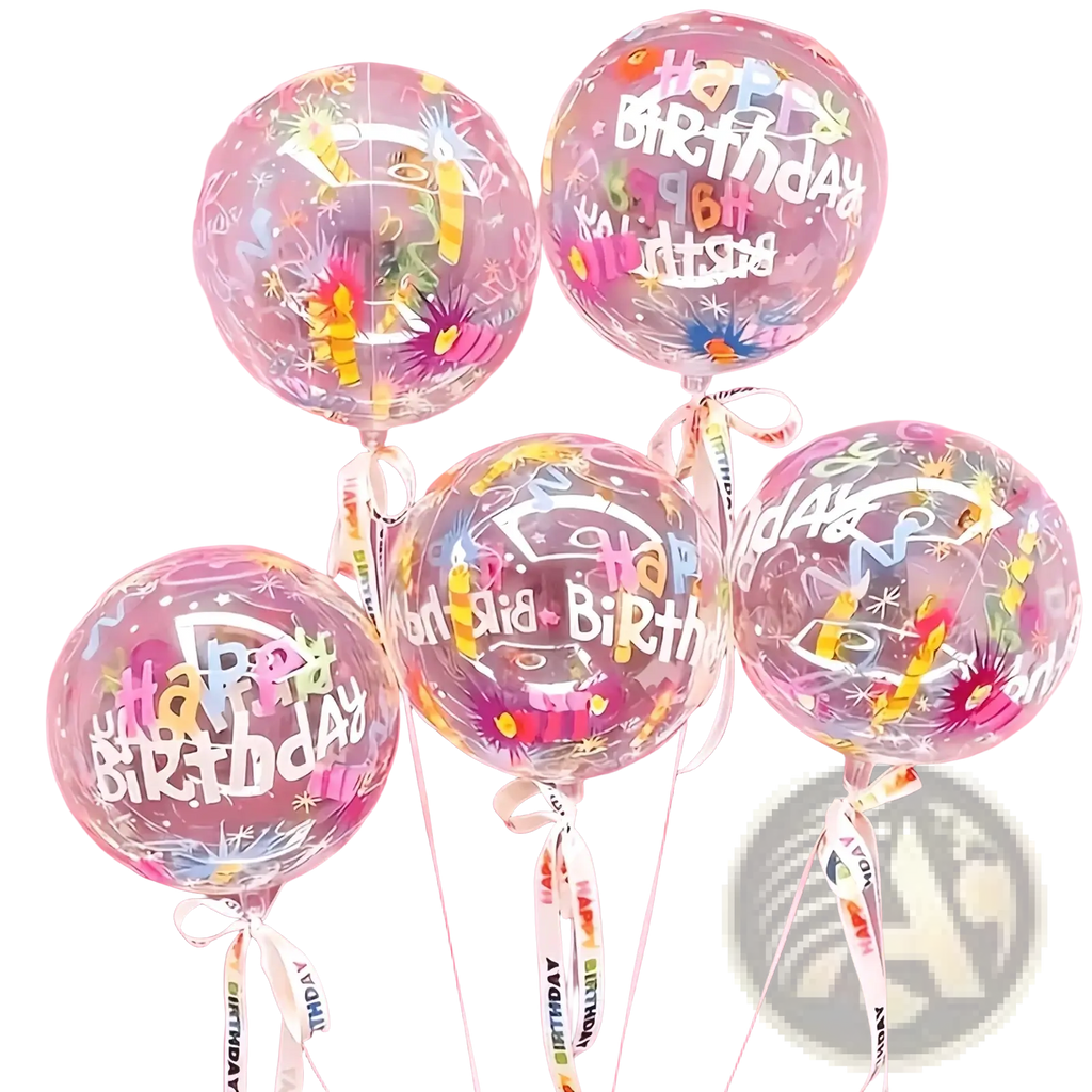 Clear plastic colorful happy birthday bobo balloons filled with multicolored confetti and tied with white ribbons