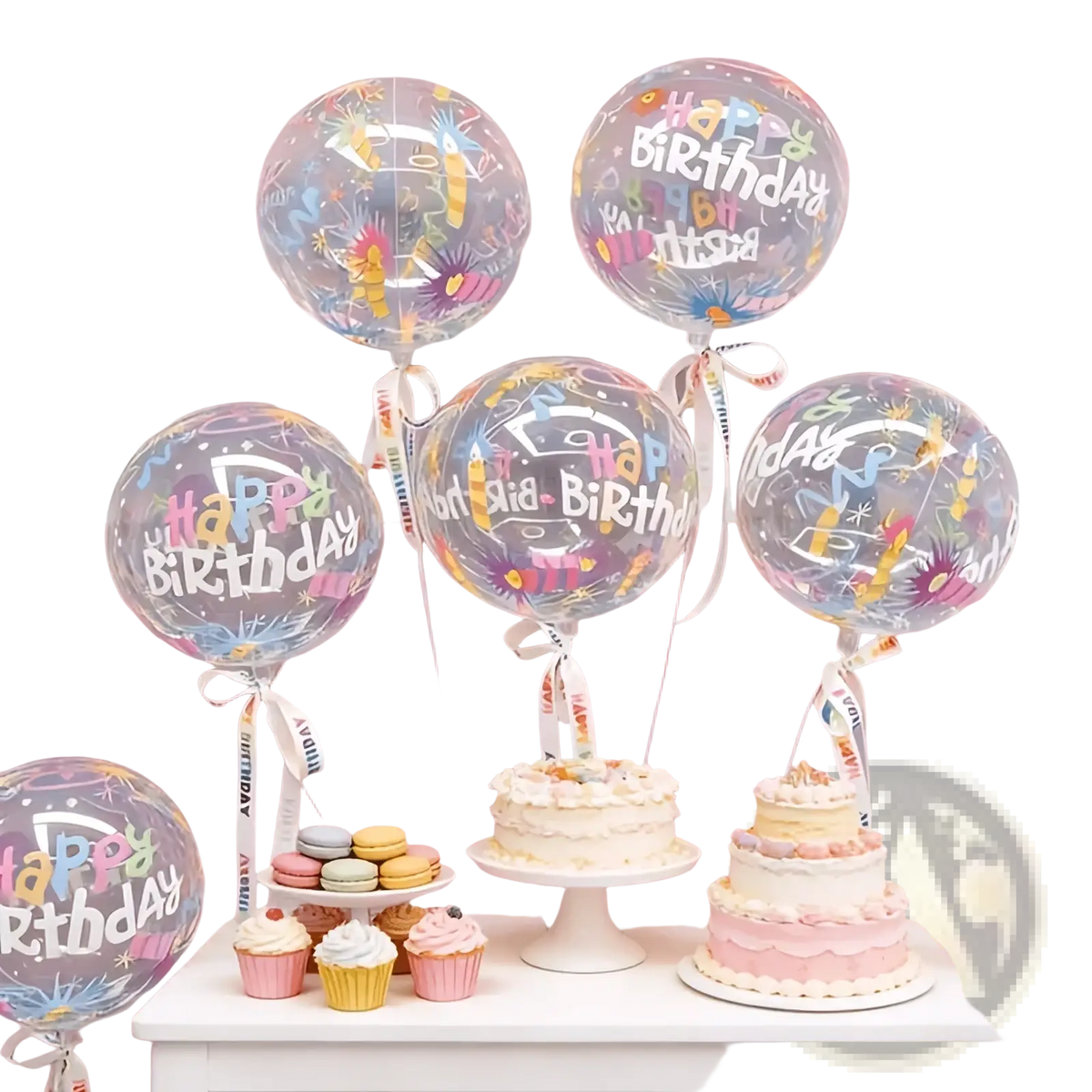 Clear transparent bobo balloons with colorful happy birthday text and festive confetti designs for celebrations