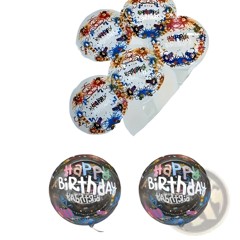 Clear transparent bobo balloons with colorful happy birthday designs and confetti patterns for party decoration