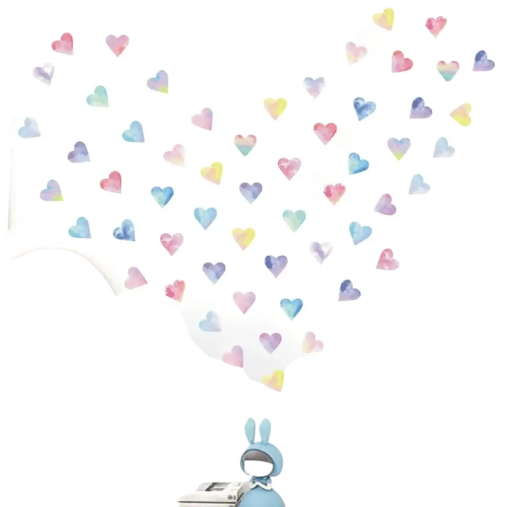 Pastel watercolor colorful hearts couple wall stickers arranged in a gentle arc for decorative walls