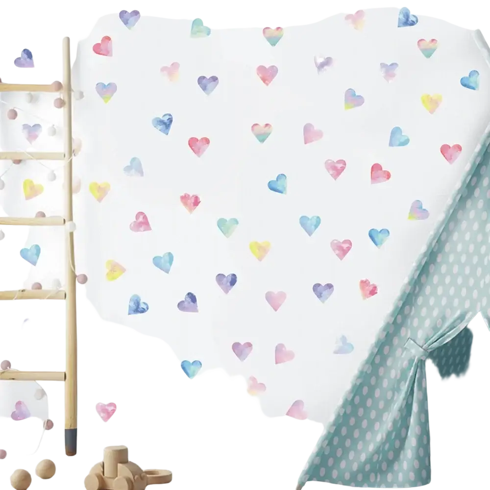 Watercolor decals of colorful hearts couple wall stickers in pastel rainbow hues for hearts couple wall decor