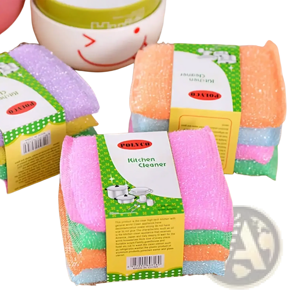 Colorful kitchen sponge scrubber 4 pack featuring multi-layered glittery surfaces in pink orange green and purple
