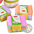 Colorful kitchen sponge scrubber 4 pack featuring multi-layered glittery surfaces in pink orange green and purple