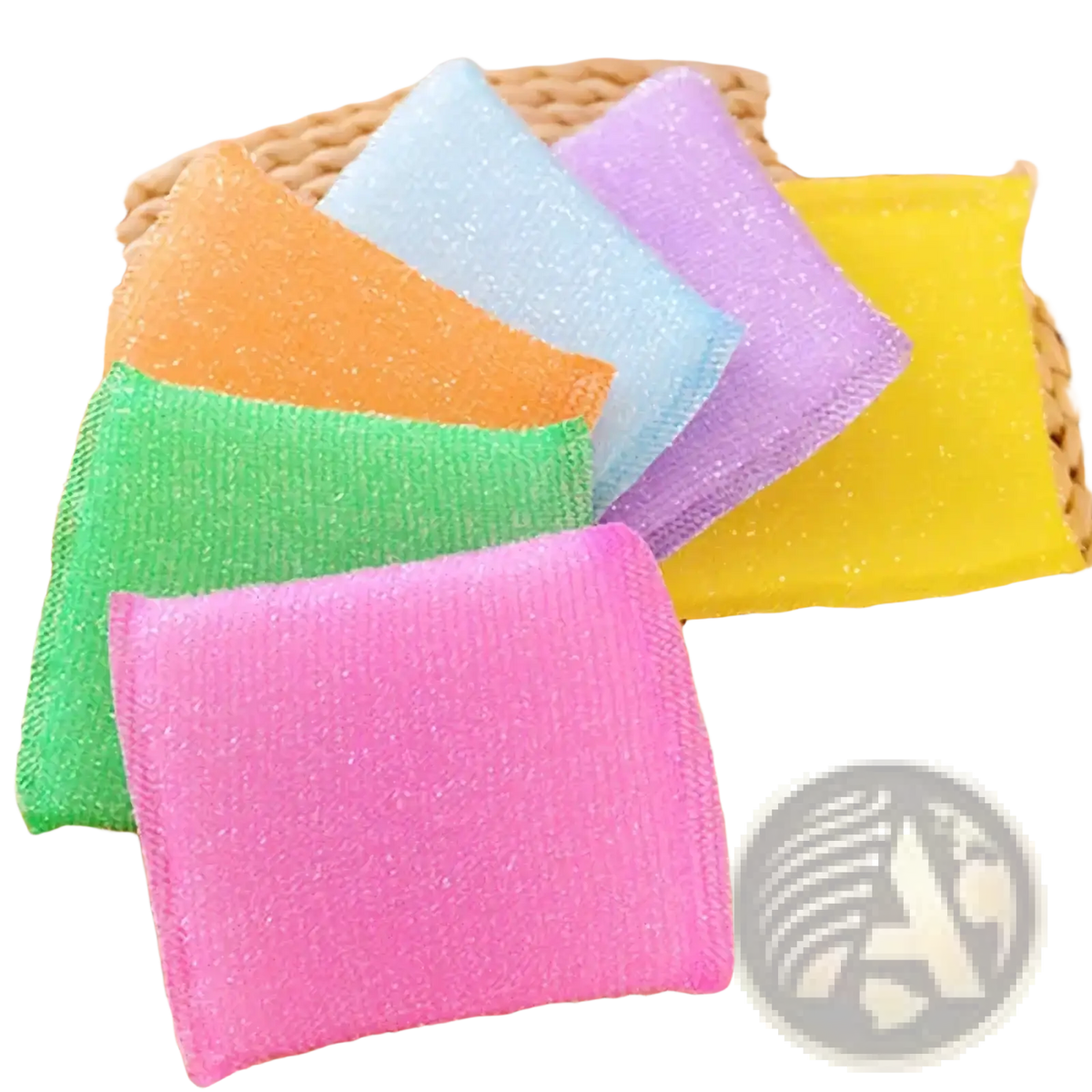 Colorful kitchen sponge scrubber 4 pack with glittery textured surface in pink green orange light blue purple and yellow