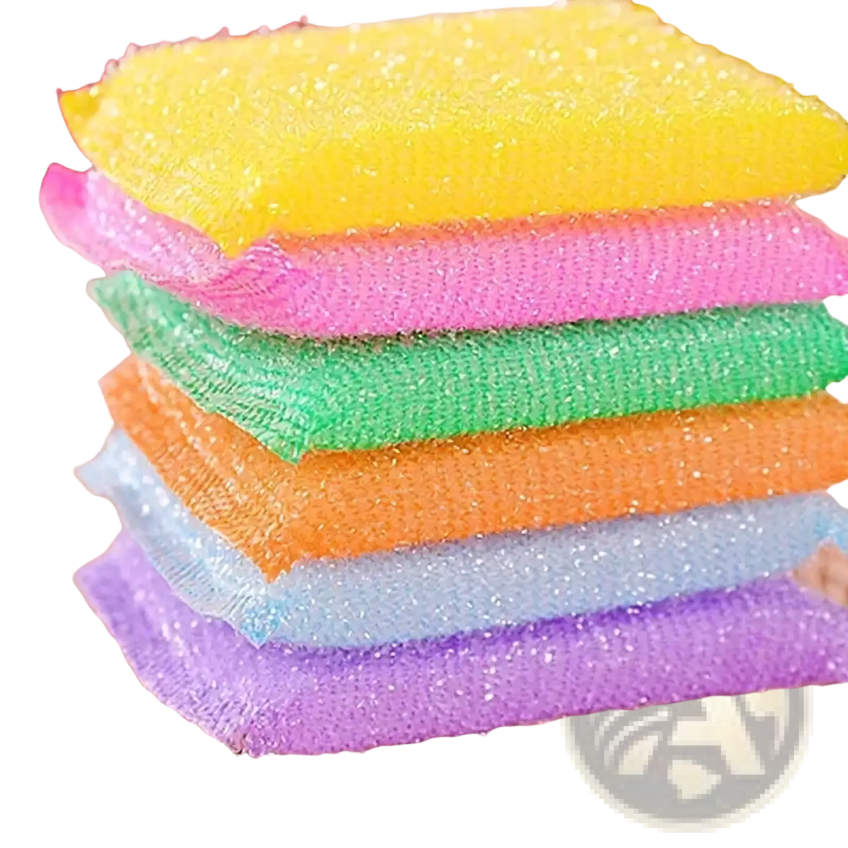 Stack of colorful glittery kitchen sponge scrubbers in yellow pink green orange light blue and purple 4 pack