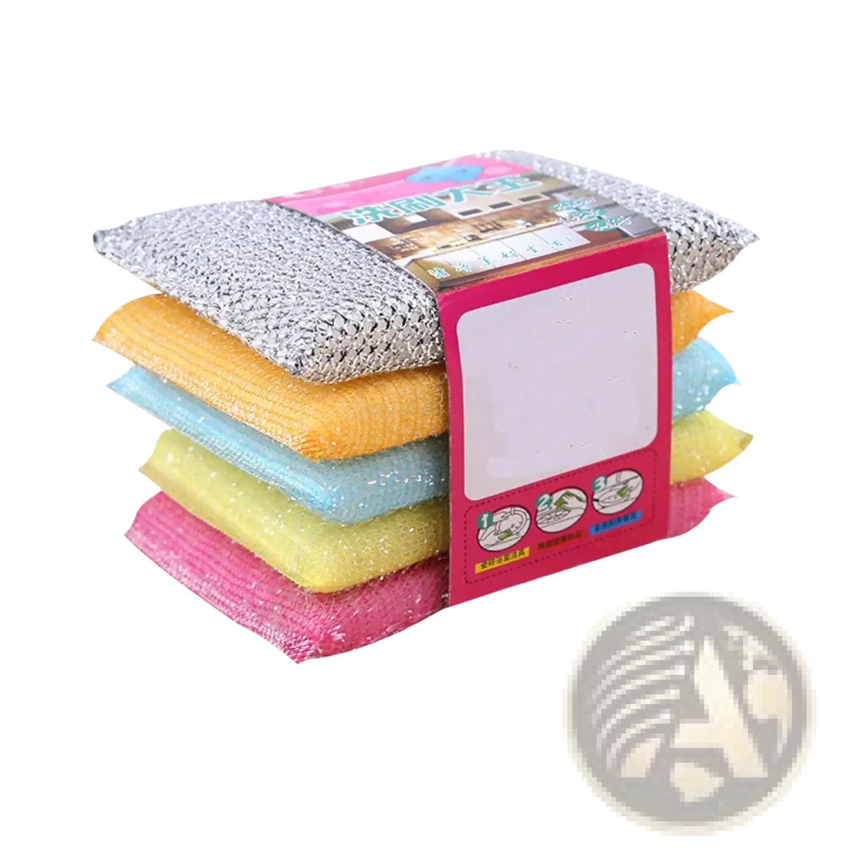 A colorful kitchen sponge scrubber 4 pack with textured scrubbing pads in pink yellow light blue and silver