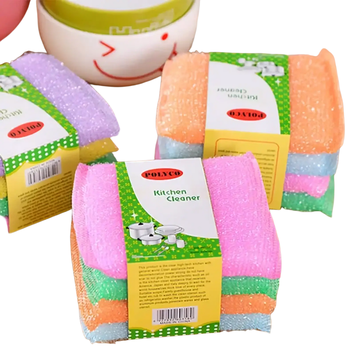 Colorful kitchen sponge scrubber 4 pack featuring multi-layered glittery surfaces in pink orange green and purple