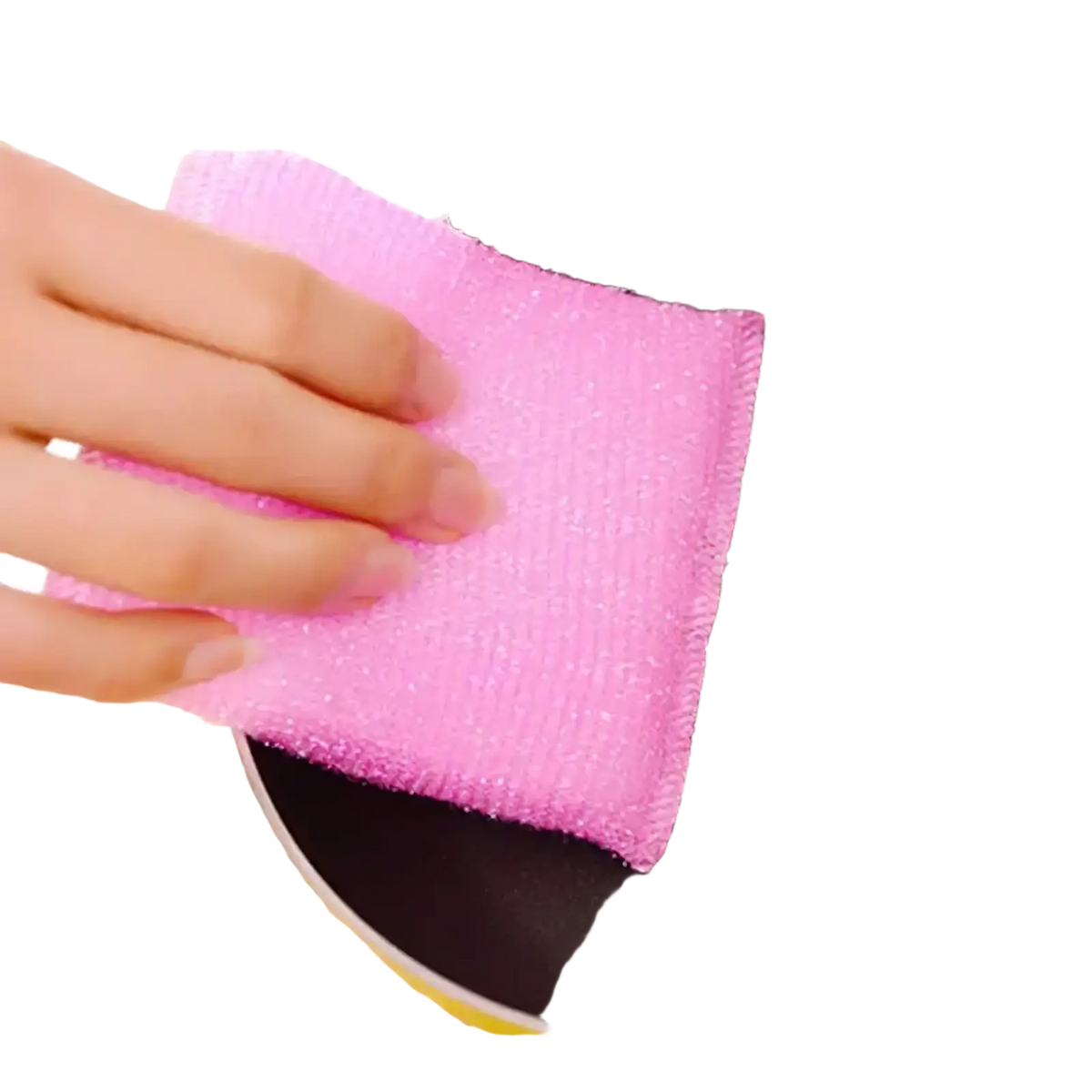Pink abrasive kitchen sponge scrubber cleaning a black non-stick frying pan from colorful kitchen sponge 4 pack