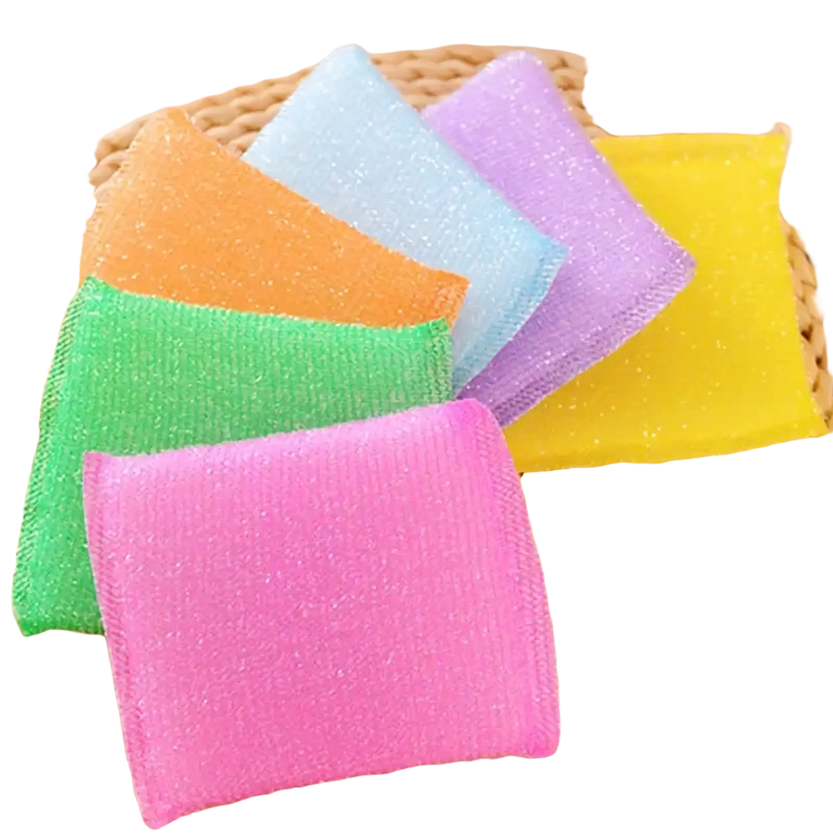 Colorful kitchen sponge scrubber 4 pack with glittery textured surface in pink green orange light blue purple and yellow