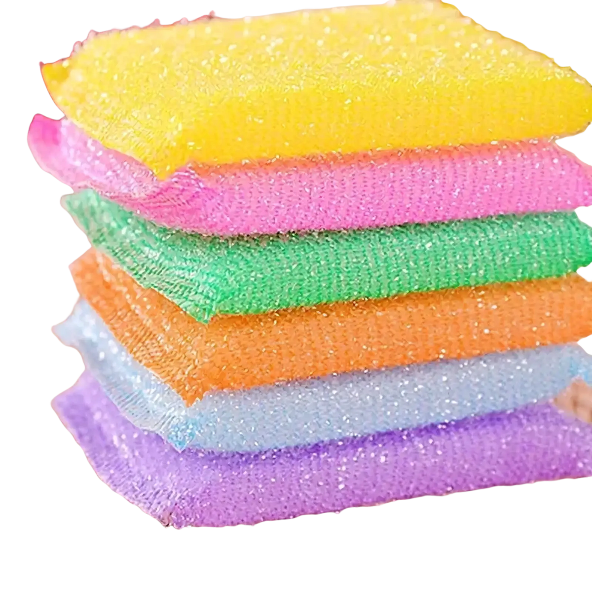 Stack of colorful glittery kitchen sponge scrubbers in yellow pink green orange light blue and purple 4 pack