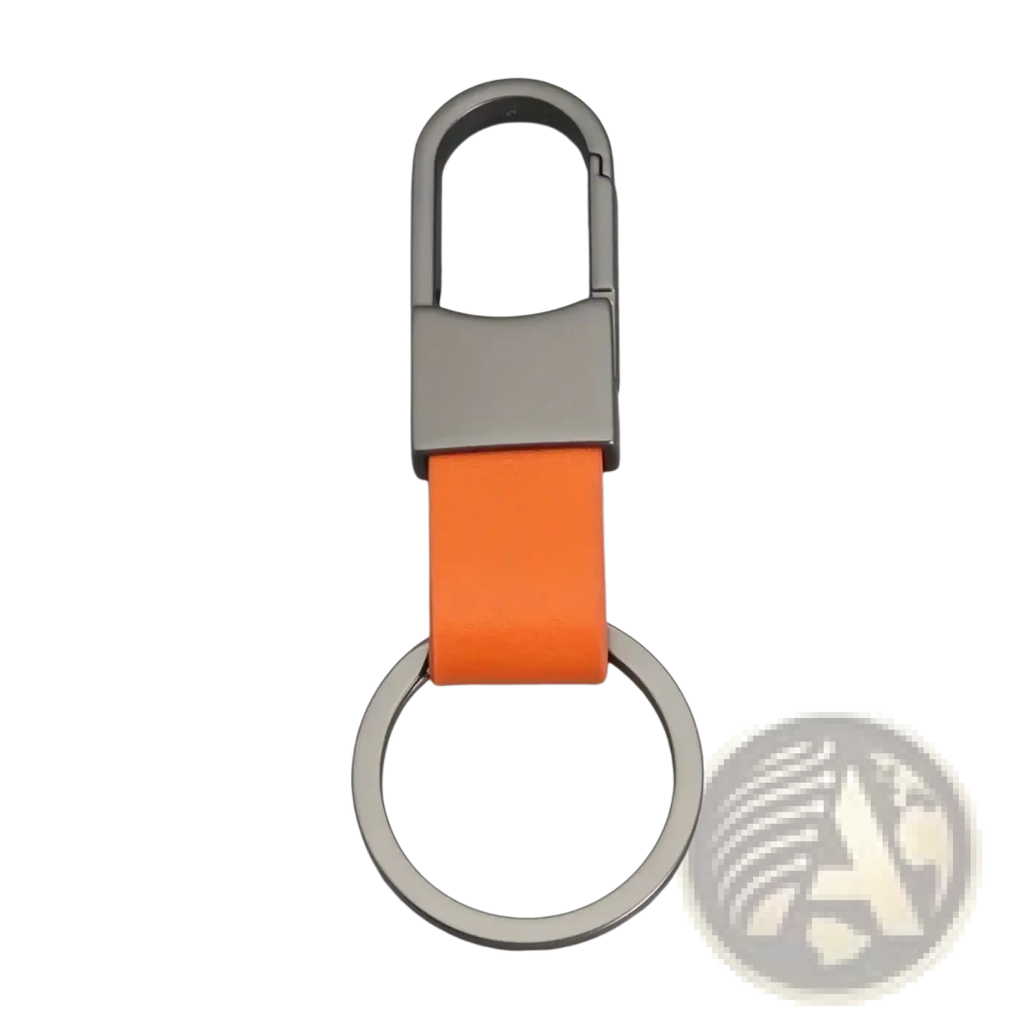 Bright orange leather strap attached to a silver-toned metal clip key ring in a colorful leather car keychain minimalist design