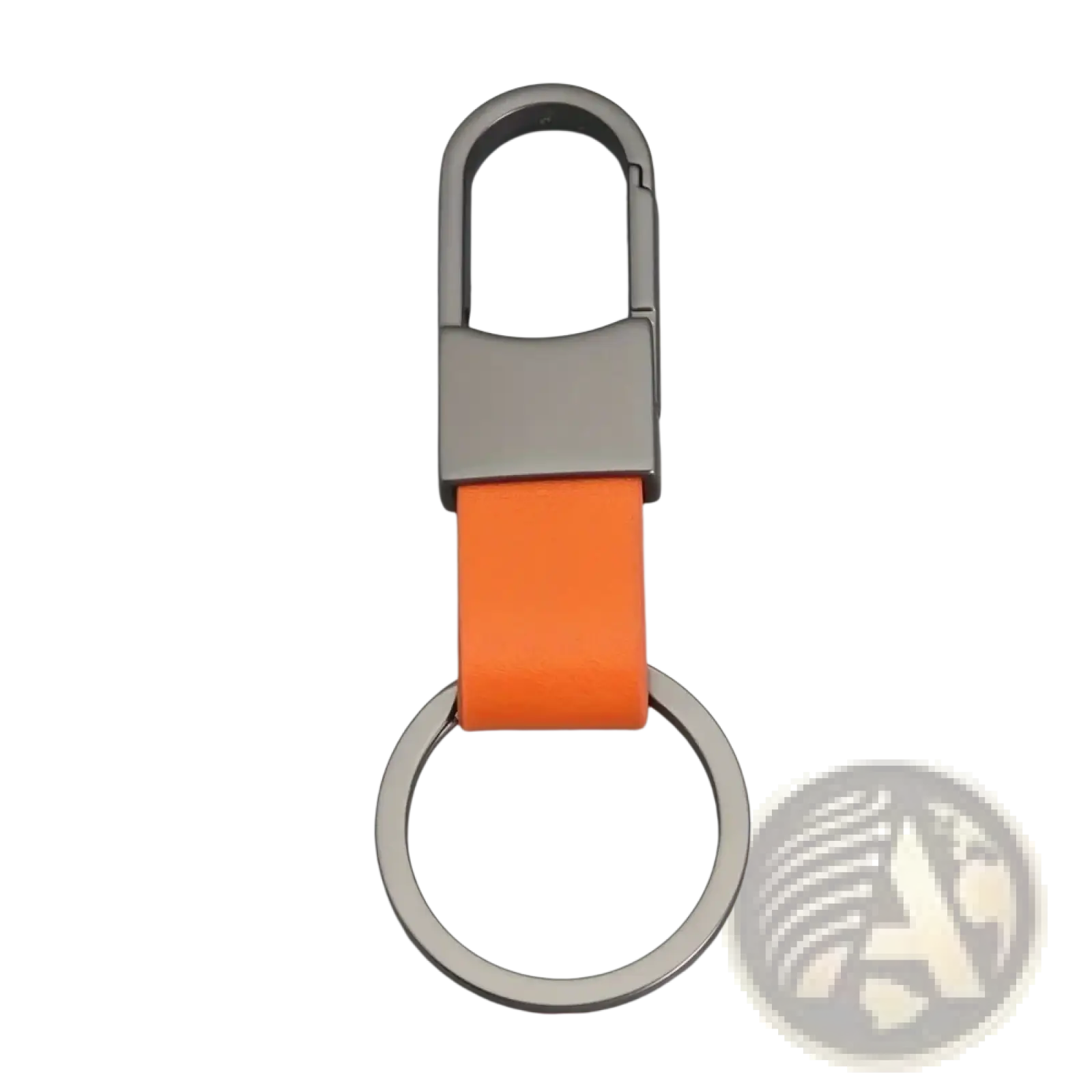 Bright orange leather strap attached to a silver-toned metal clip key ring in a colorful leather car keychain minimalist design