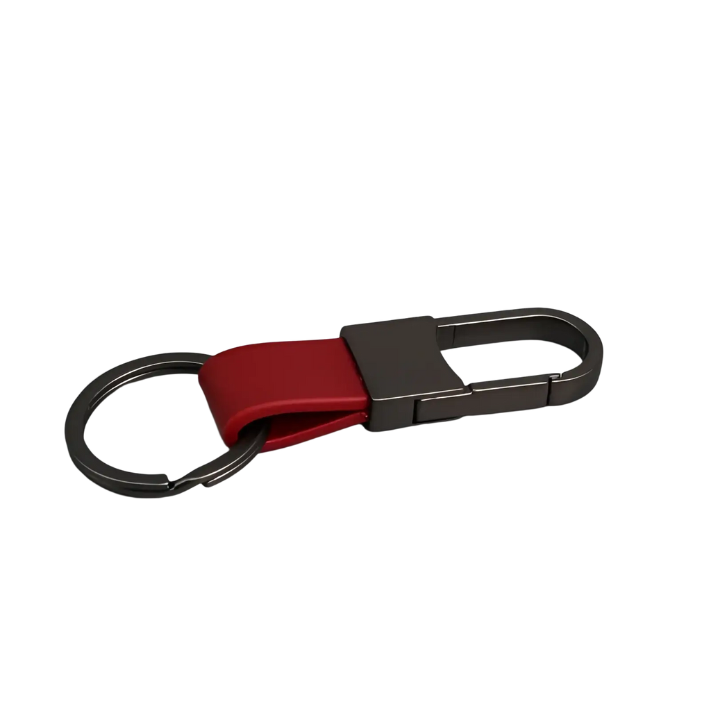 Red leather strap colorful leather car keychain with dark gray metal minimalist carabiner and split ring