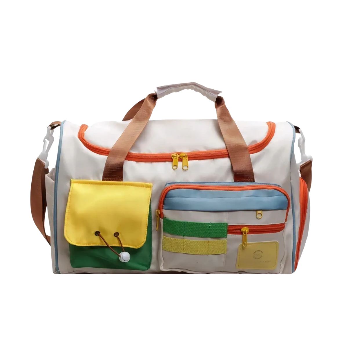 Colorful multi pocket travel duffel bag with a white base and vibrant orange yellow green and blue accents