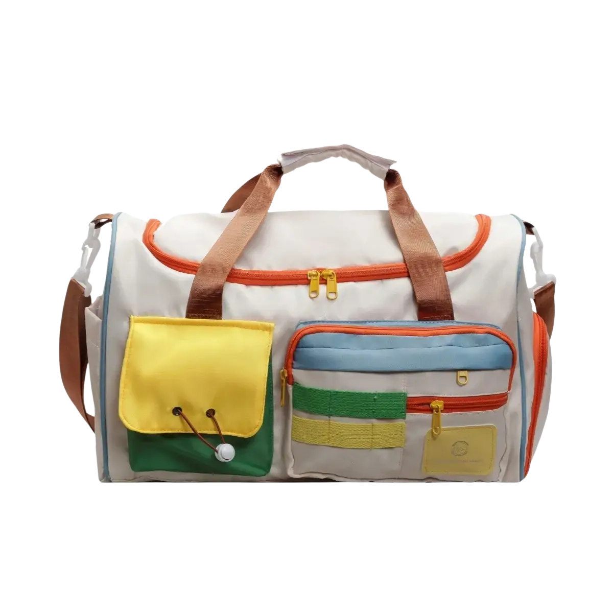 Colorful multi pocket travel duffel bag with a white body and brown straps designed for versatile storage
