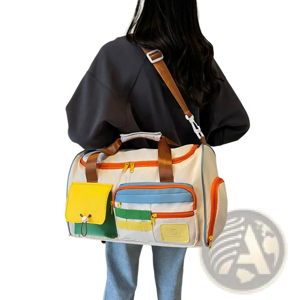 Colorful multi pocket travel duffel bag with cream base and vibrant orange yellow green and blue accents