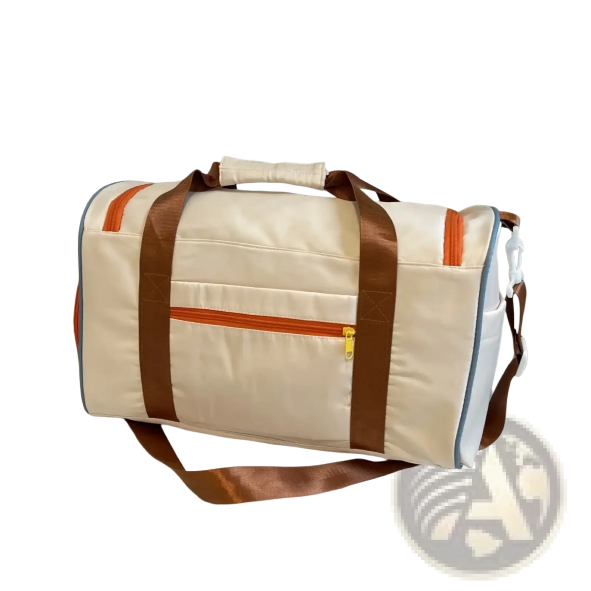 Cream-colored multi pocket travel duffel bag with brown straps and orange zipper accents for organized travel