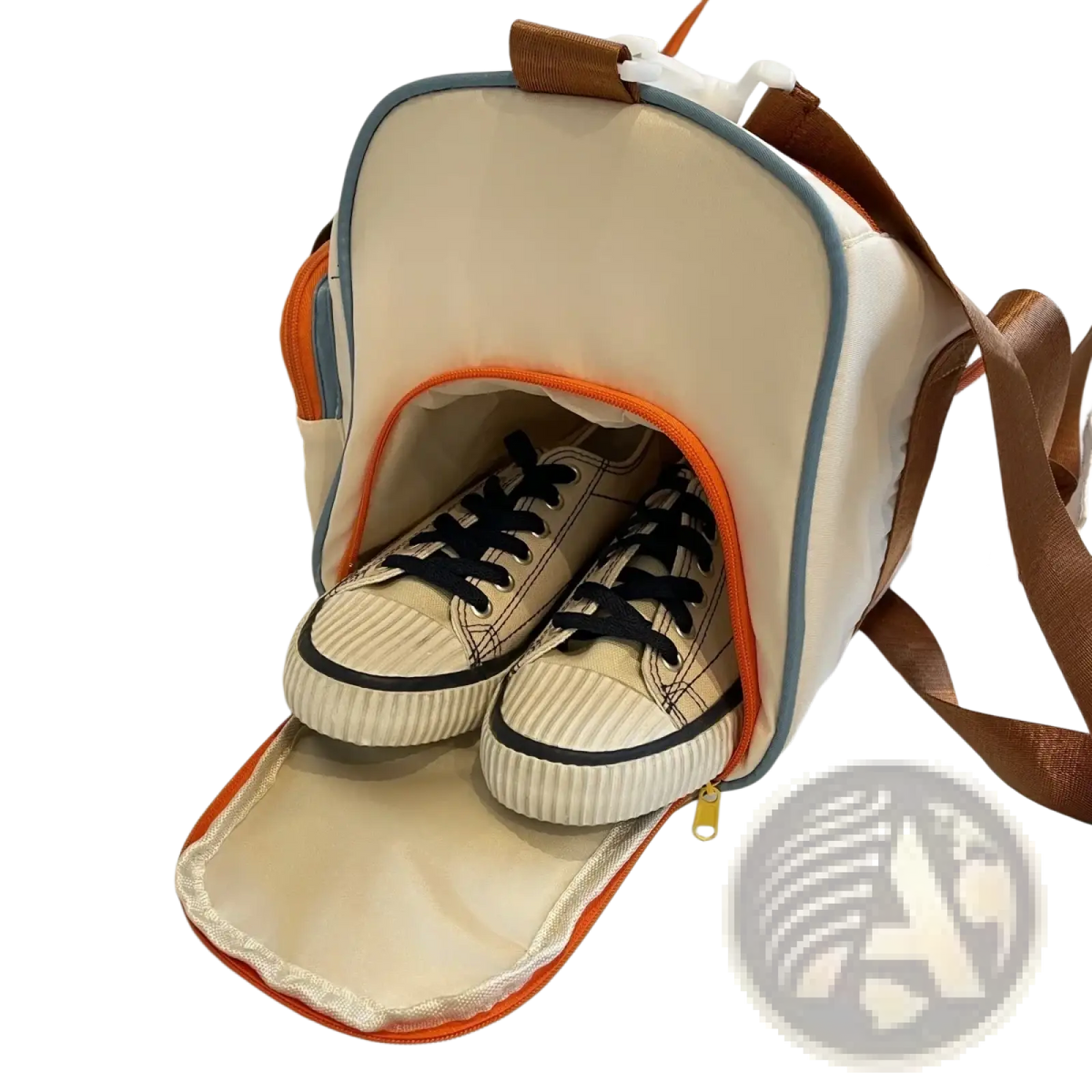 Cream-colored canvas colorful multi pocket travel duffel bag with orange and light blue trim and spacious sneaker compartment