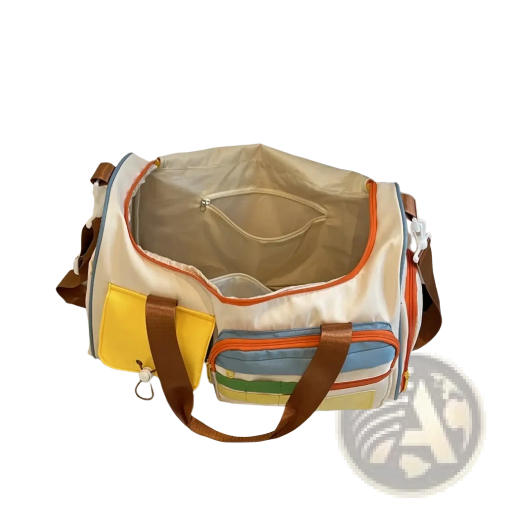 Colorful multi pocket travel duffel bag with a cream base and vibrant yellow blue green and orange stripes
