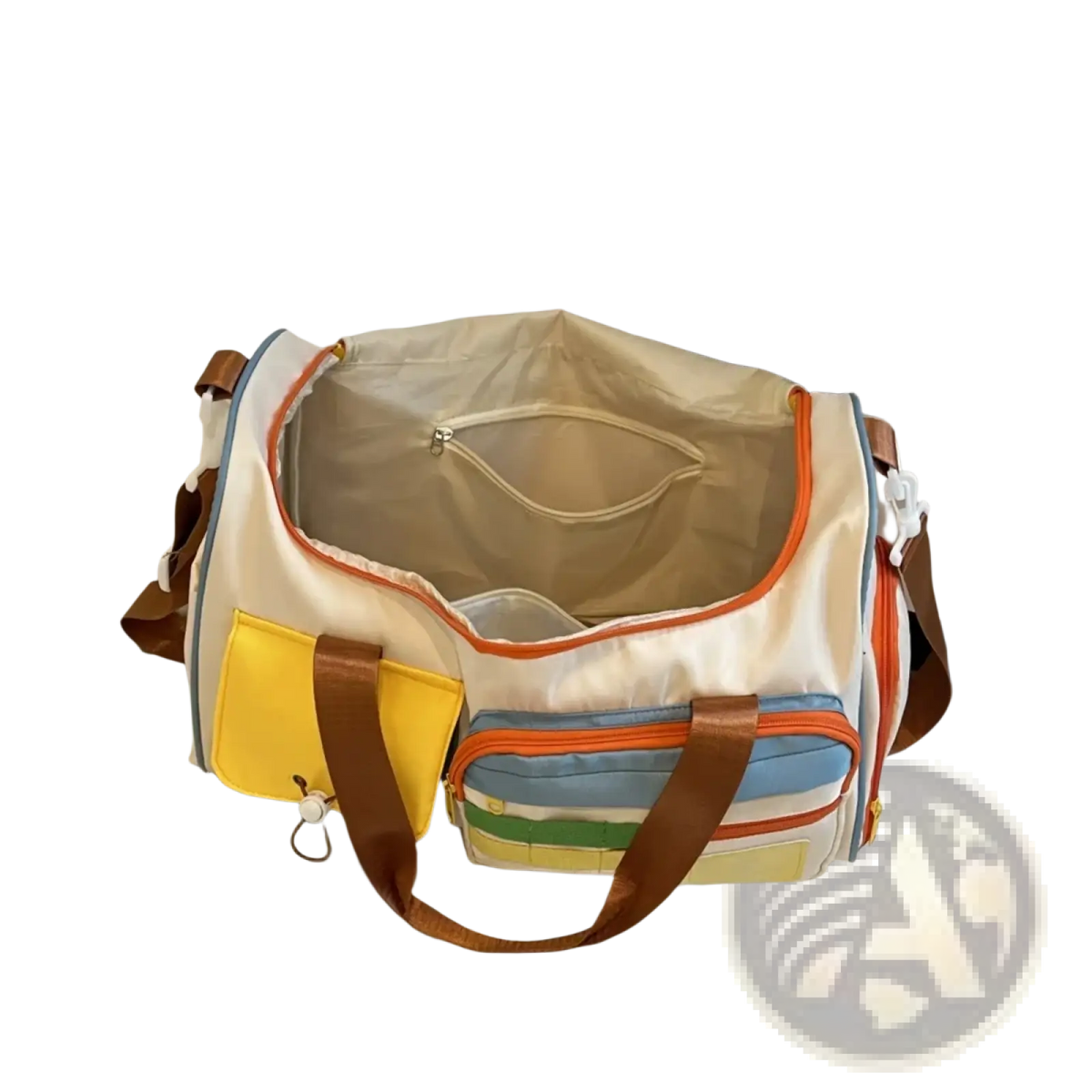Colorful multi pocket travel duffel bag with a cream base and vibrant yellow blue green and orange stripes