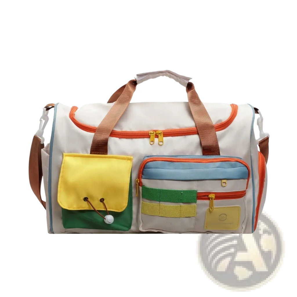 Colorful multi pocket travel duffel bag with a white body and brown straps designed for versatile storage