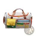 Colorful multi pocket travel duffel bag with a white base and vibrant orange yellow green and blue accents