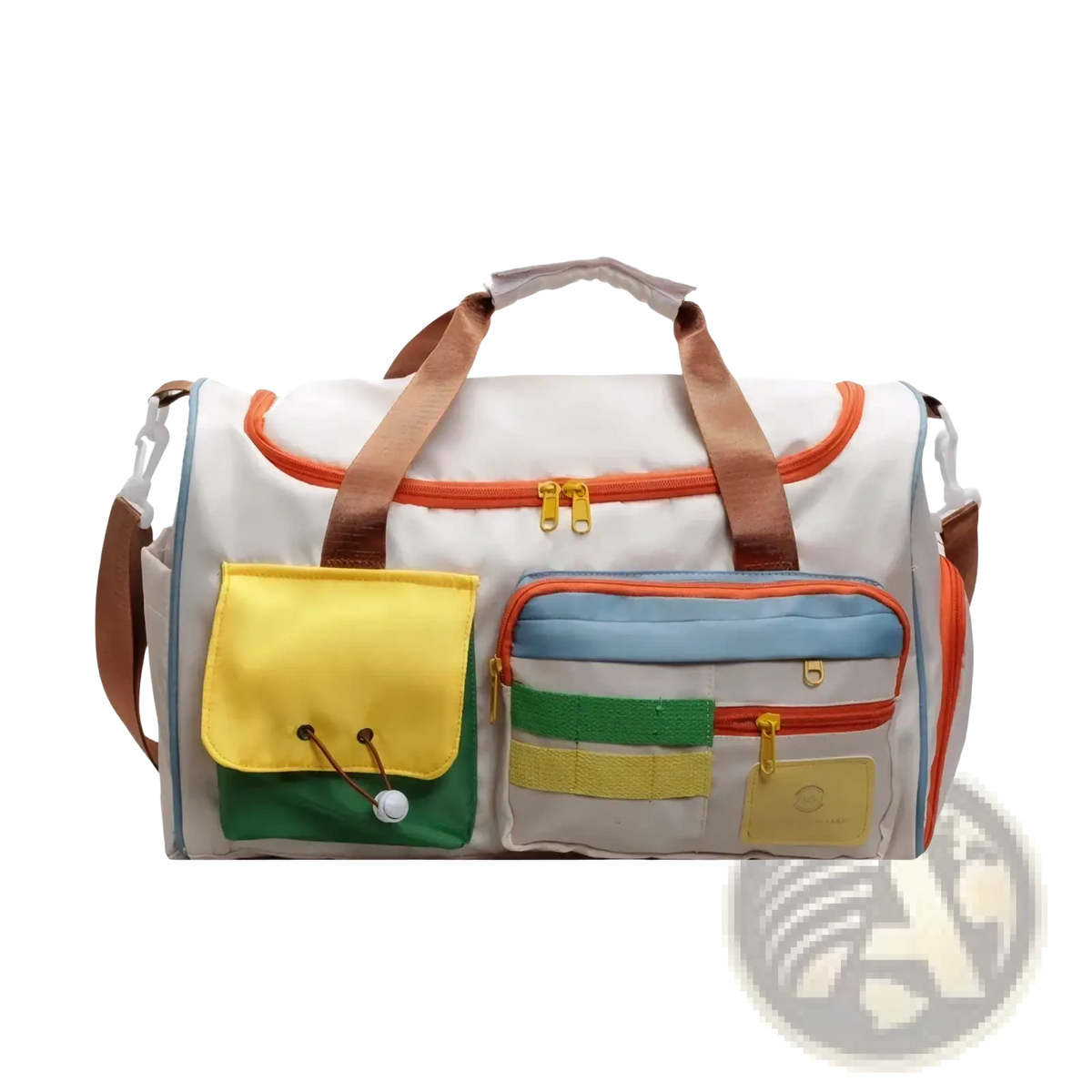 Colorful multi pocket travel duffel bag with a white base and vibrant orange yellow green and blue accents