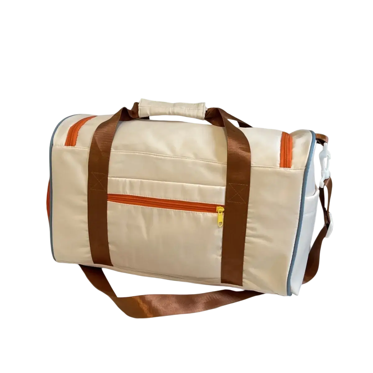 Cream-colored multi pocket travel duffel bag with brown straps and orange zipper accents for organized travel