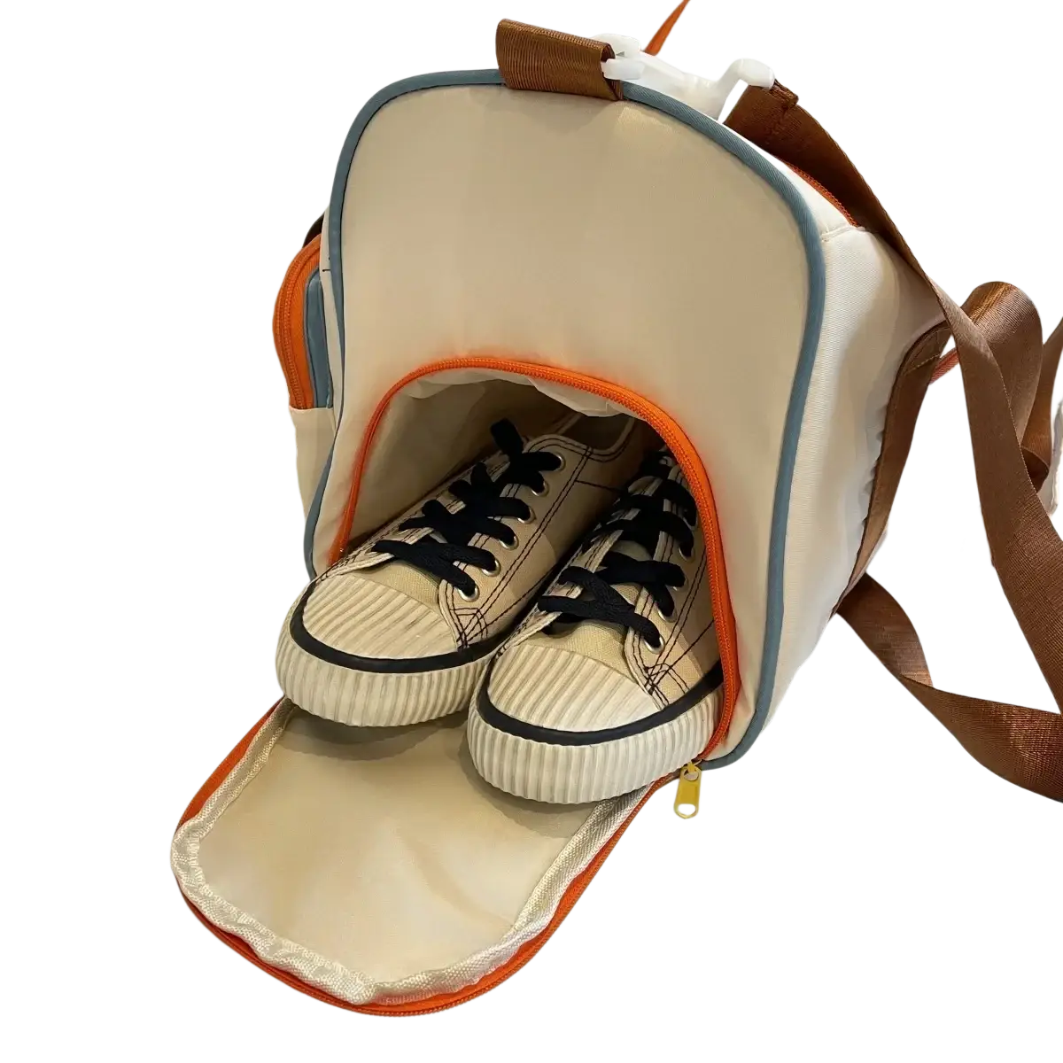 Cream-colored canvas colorful multi pocket travel duffel bag with orange and light blue trim and spacious sneaker compartment
