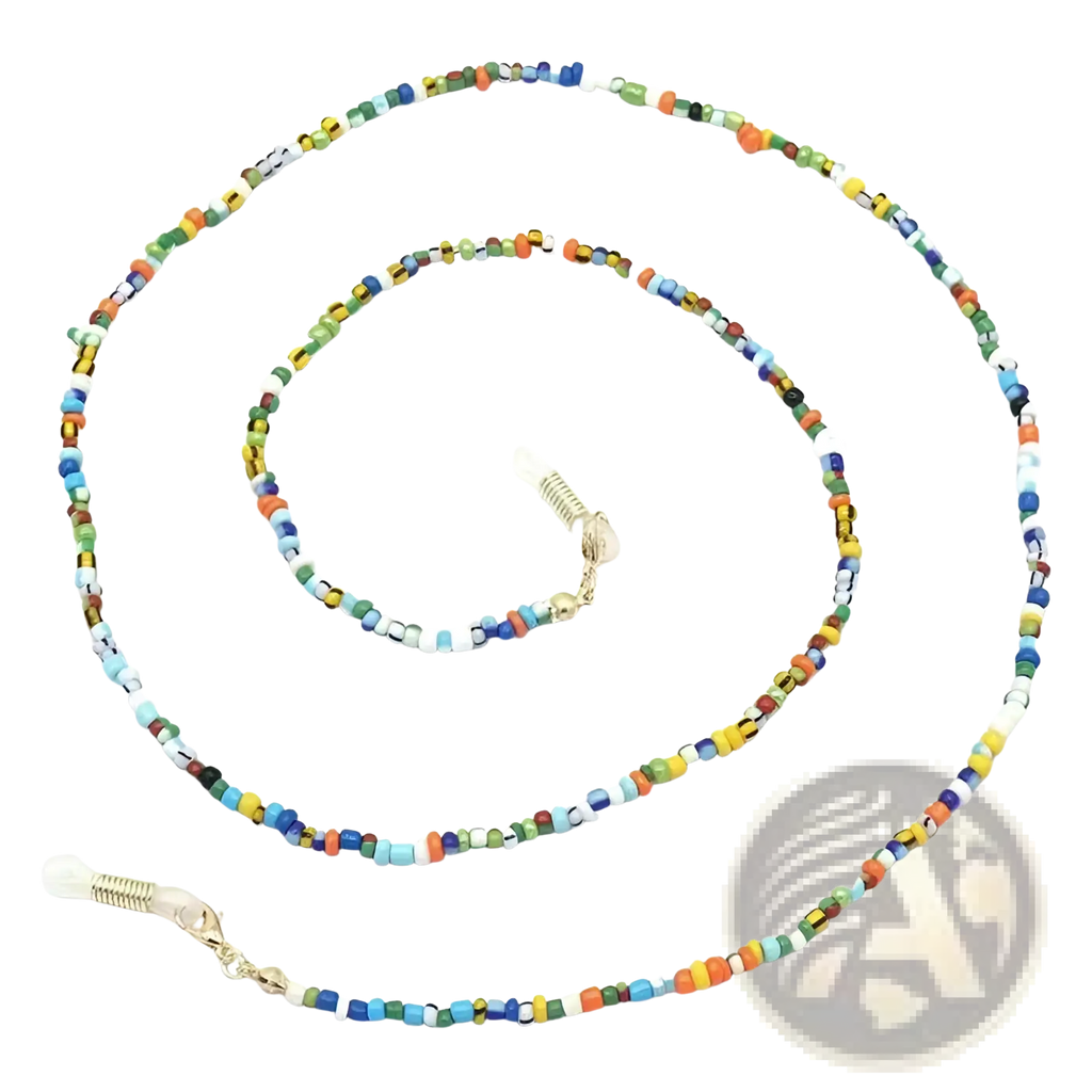 Colorful rainbow beaded eyeglass and mask lanyard chain with multicolored glass beads and gold-toned metal clasps